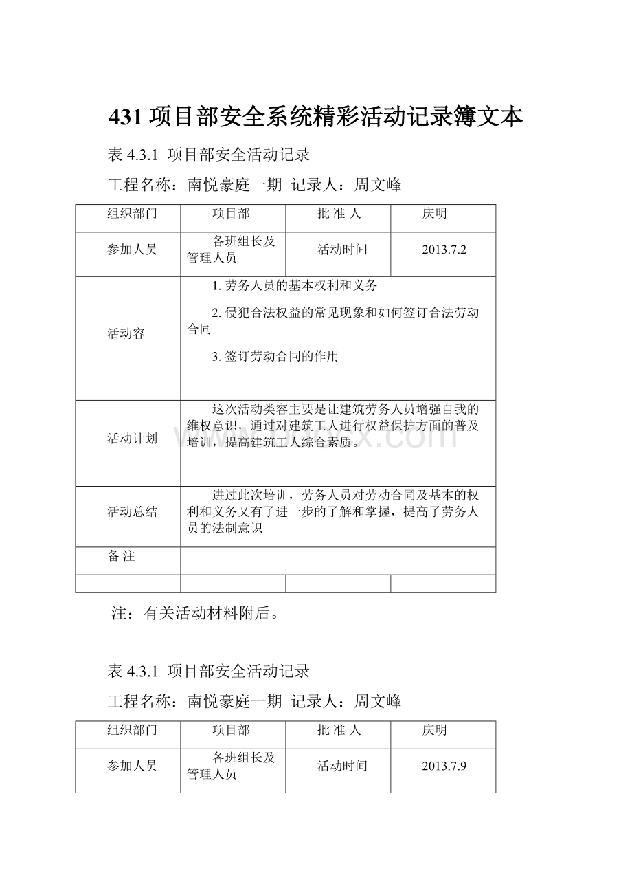 431项目部安全系统精彩活动记录簿文本.docx_第1页