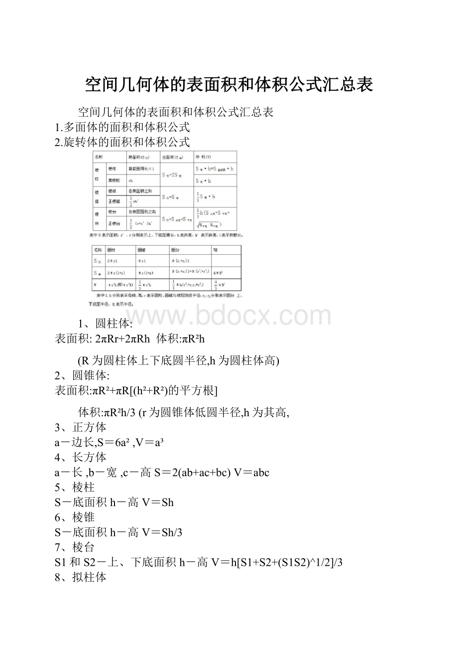 空间几何体的表面积和体积公式汇总表.docx