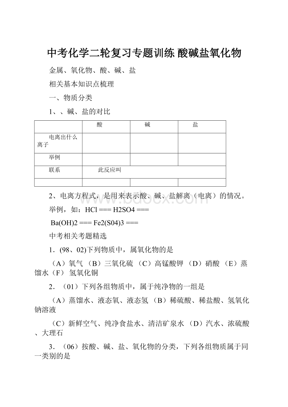 中考化学二轮复习专题训练 酸碱盐氧化物.docx