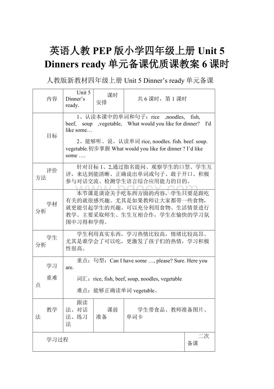 英语人教PEP版小学四年级上册Unit 5 Dinners ready单元备课优质课教案6课时.docx_第1页