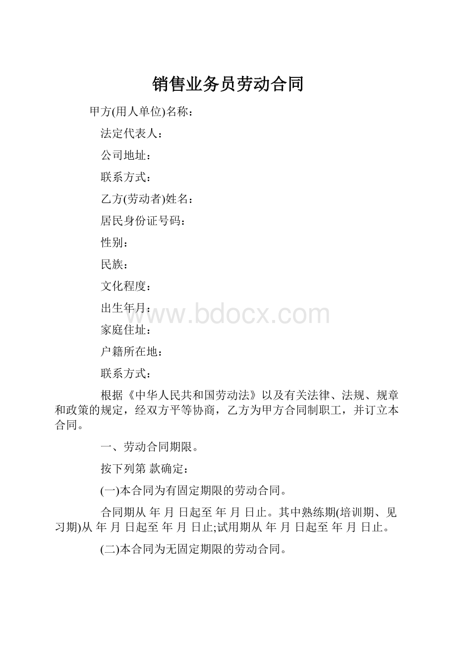 销售业务员劳动合同.docx_第1页