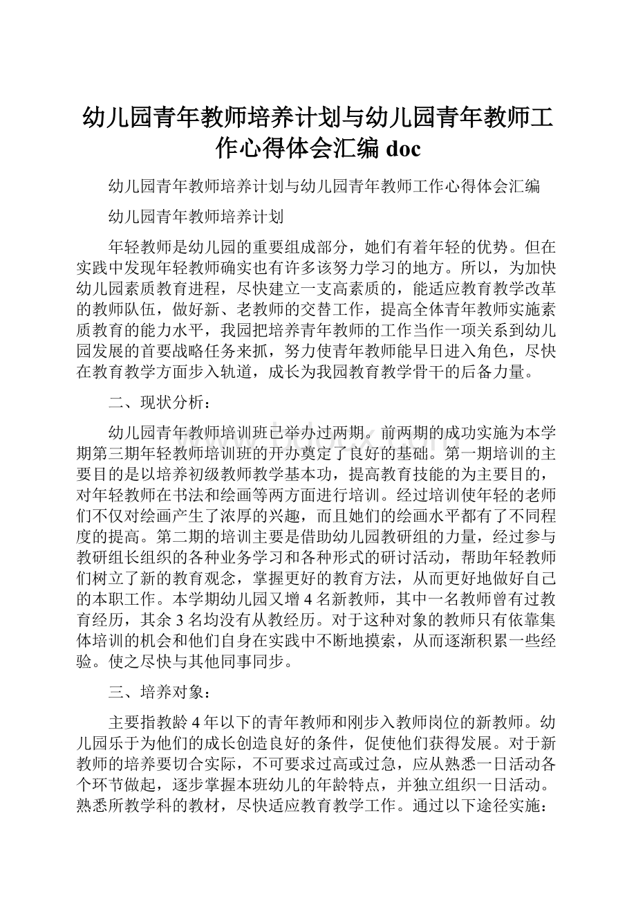 幼儿园青年教师培养计划与幼儿园青年教师工作心得体会汇编doc.docx_第1页