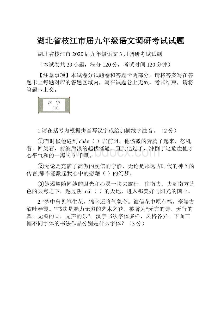 湖北省枝江市届九年级语文调研考试试题.docx