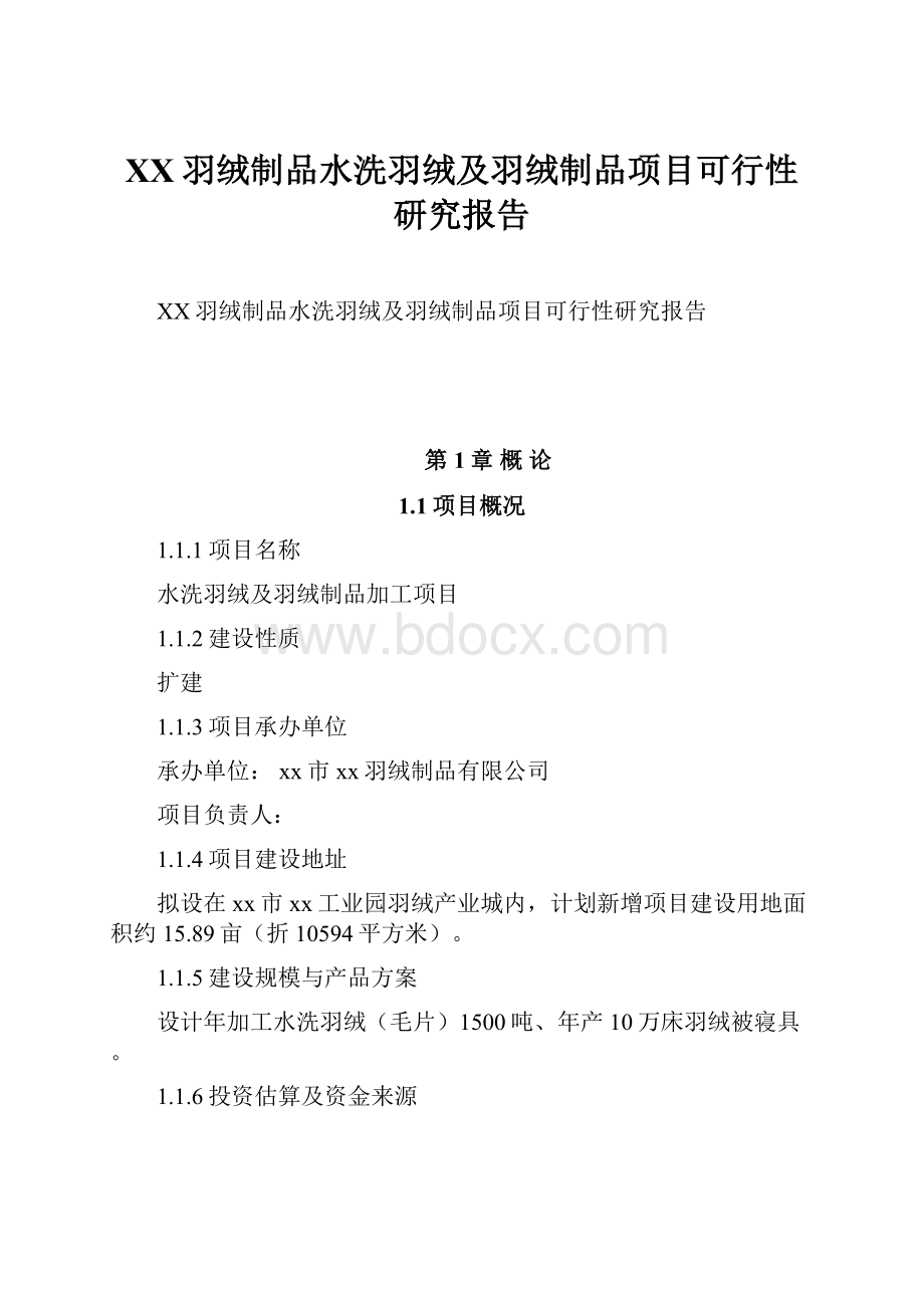 XX羽绒制品水洗羽绒及羽绒制品项目可行性研究报告.docx_第1页