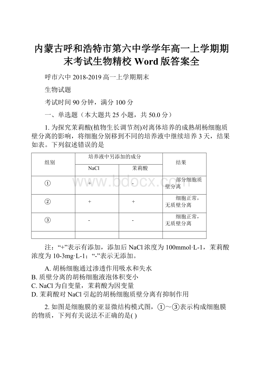 内蒙古呼和浩特市第六中学学年高一上学期期末考试生物精校Word版答案全.docx_第1页