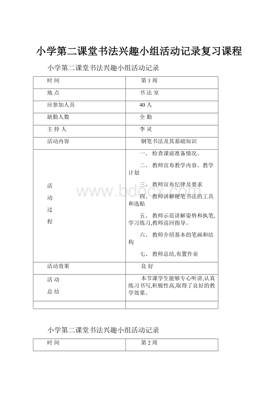 小学第二课堂书法兴趣小组活动记录复习课程.docx_第1页