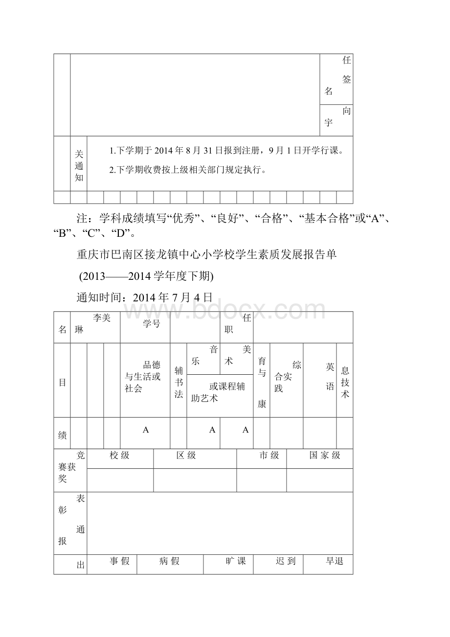 小学学生素质发展报告单.docx_第2页