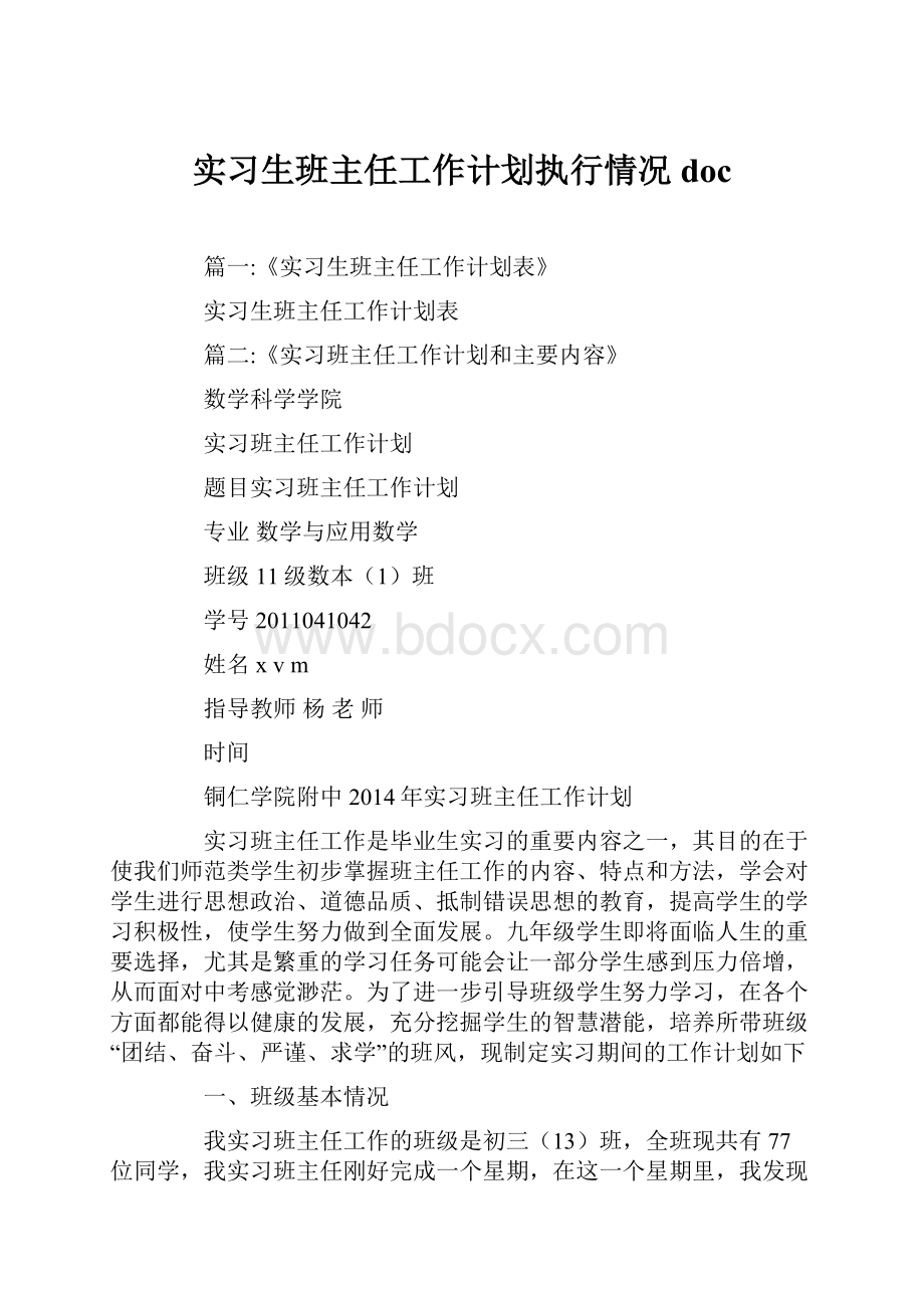 实习生班主任工作计划执行情况doc.docx