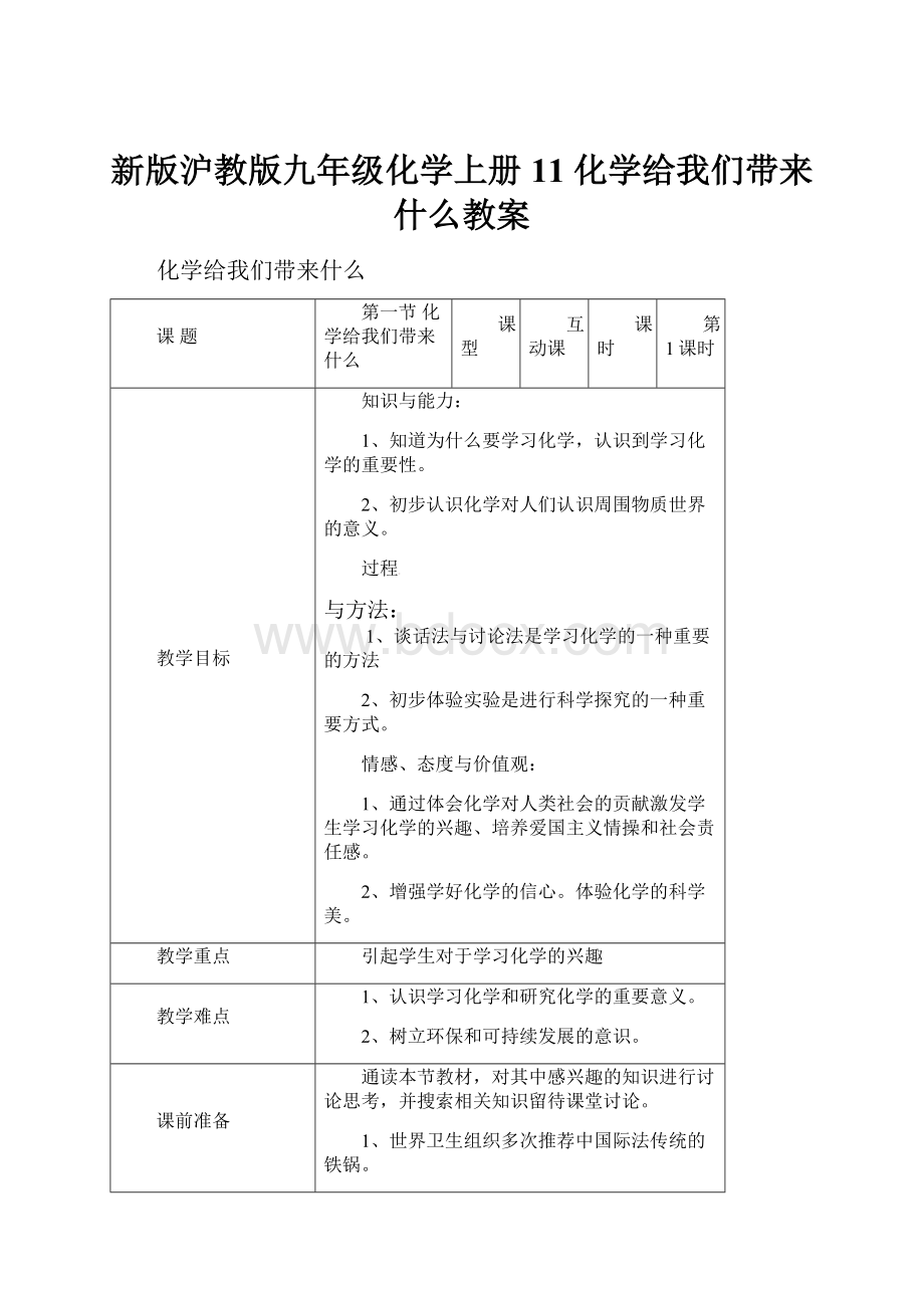 新版沪教版九年级化学上册 11 化学给我们带来什么教案.docx