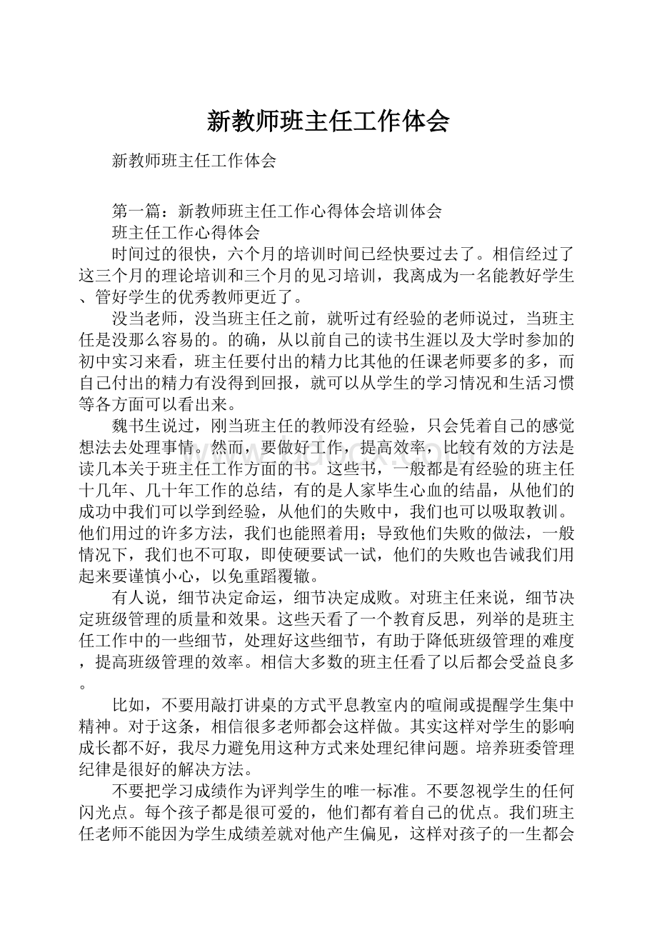 新教师班主任工作体会.docx