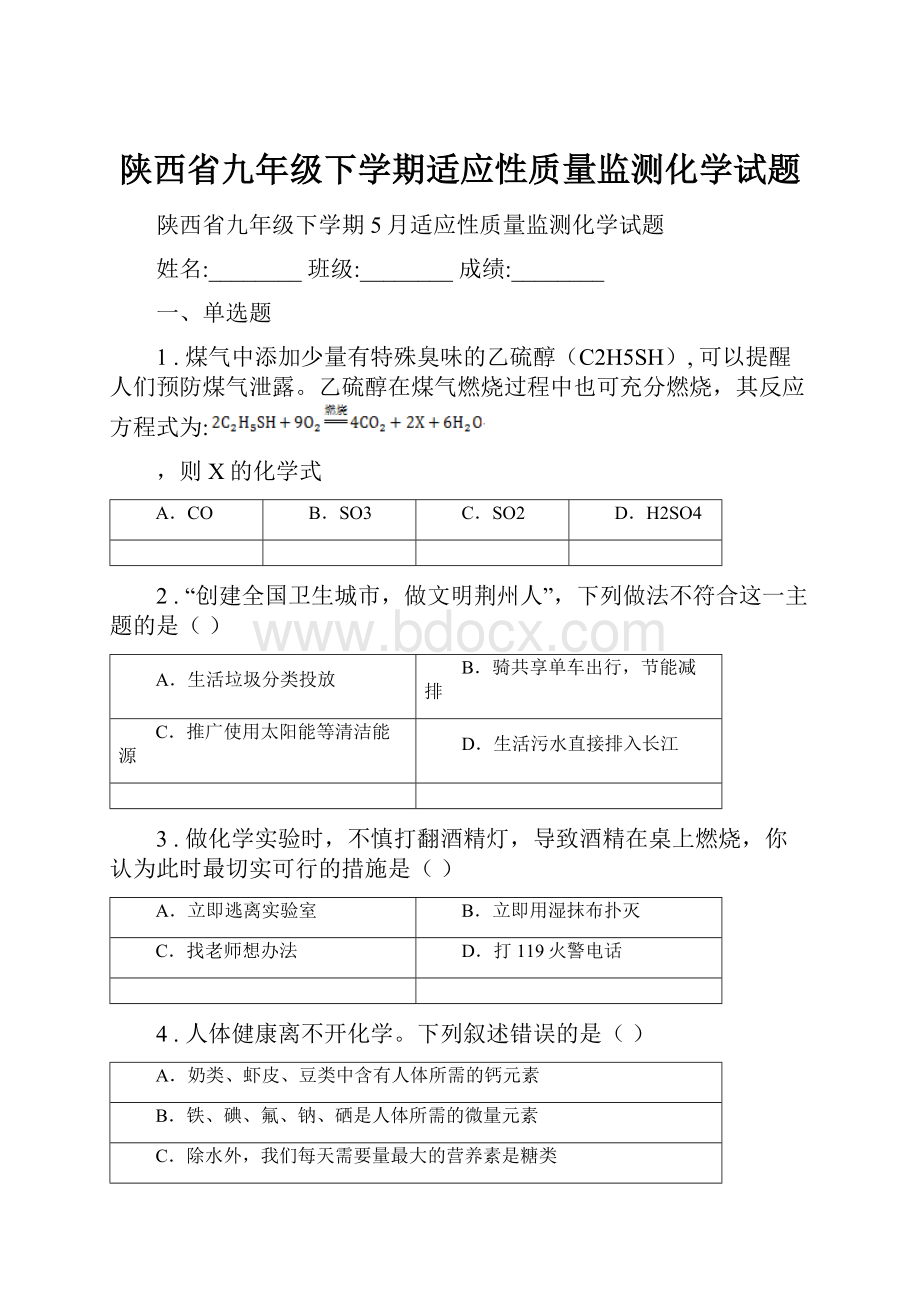 陕西省九年级下学期适应性质量监测化学试题.docx