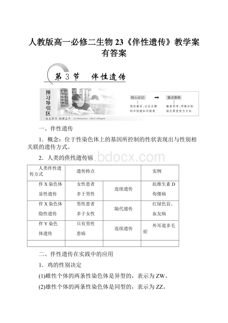 人教版高一必修二生物23《伴性遗传》教学案有答案.docx