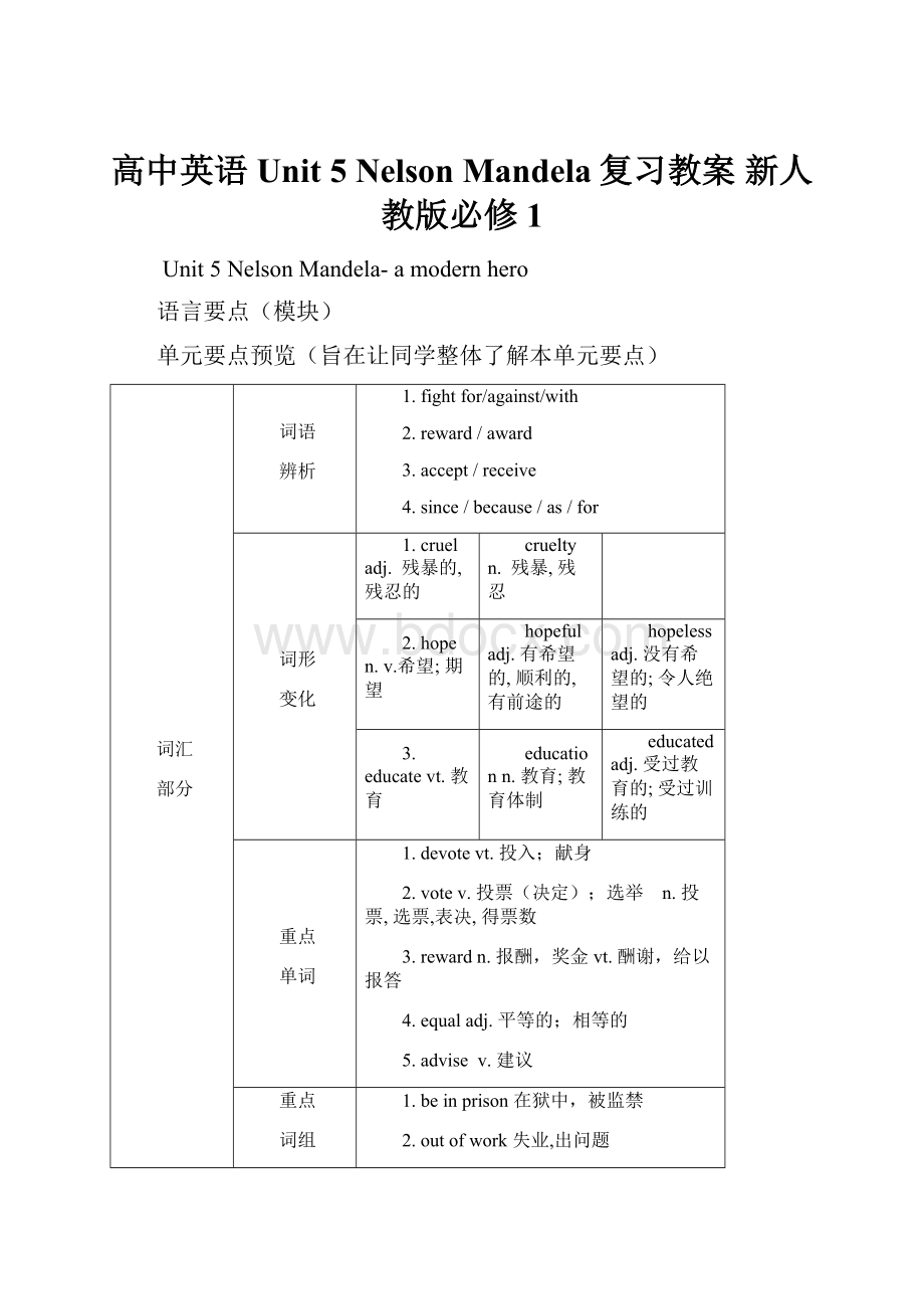 高中英语 Unit 5 Nelson Mandela复习教案 新人教版必修1.docx_第1页