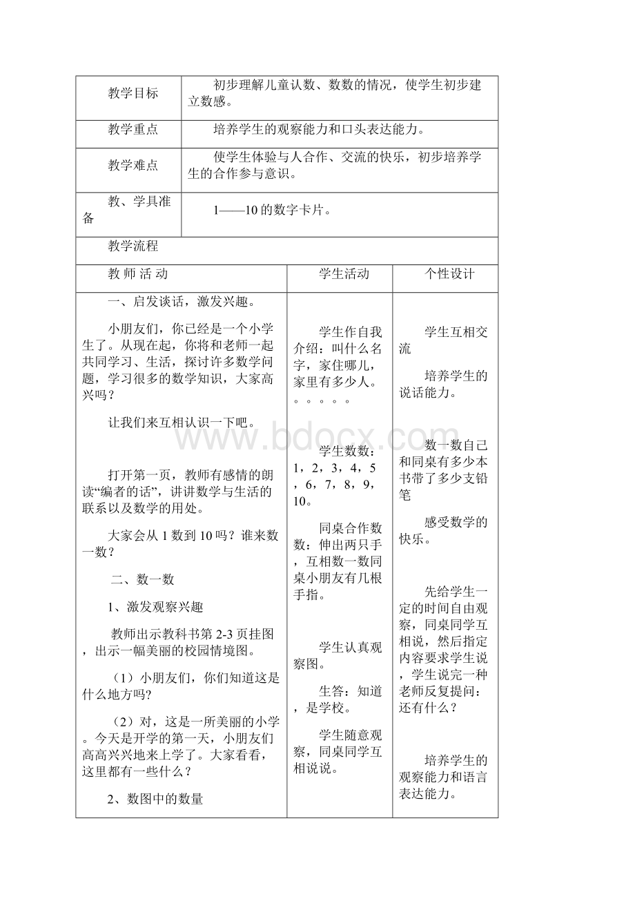 西师版小学数学一年级上册第一册教案表格式.docx_第2页