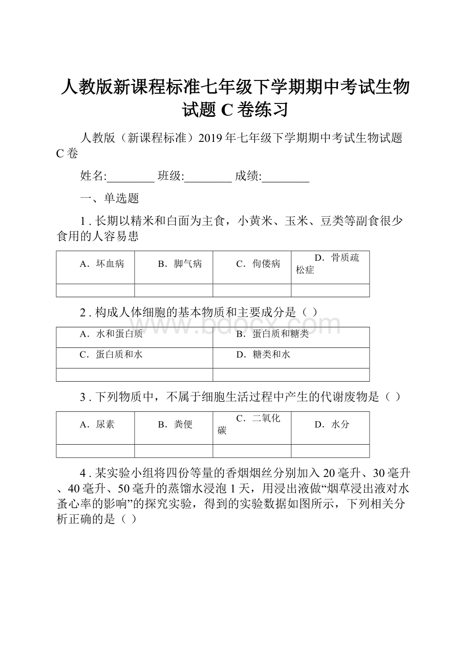 人教版新课程标准七年级下学期期中考试生物试题C卷练习.docx_第1页