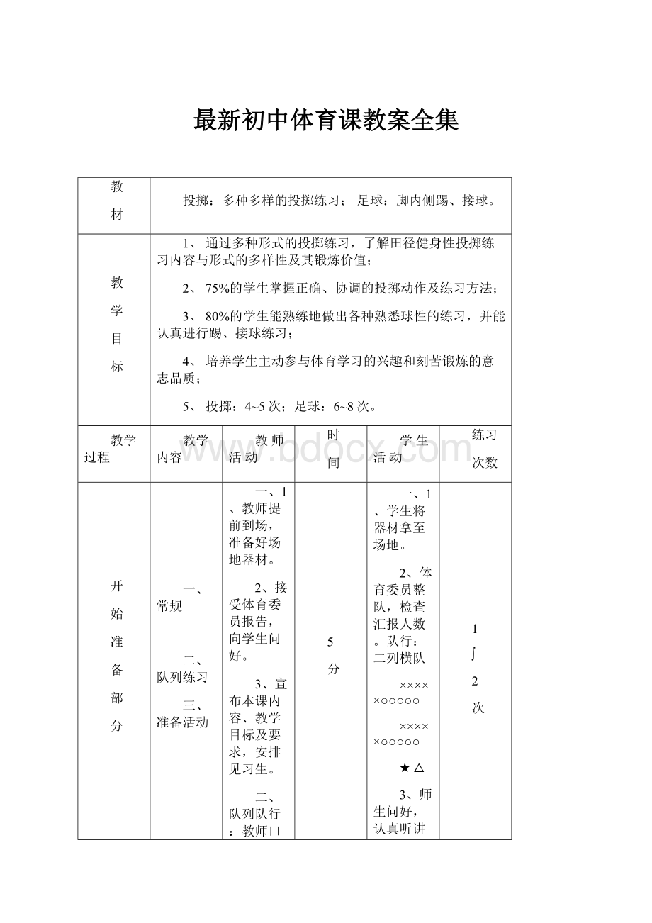 最新初中体育课教案全集.docx_第1页