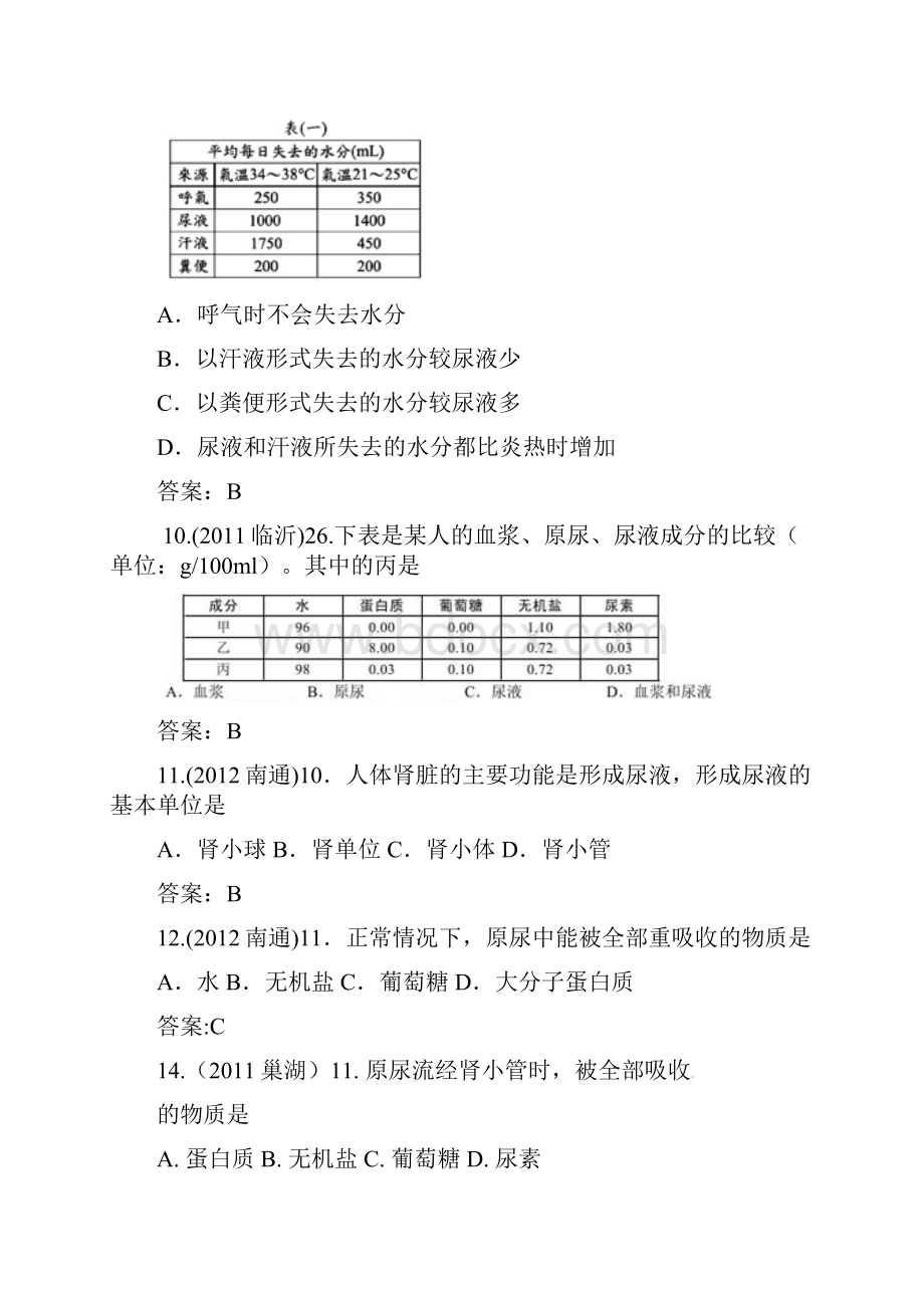 届近三年中考生物专题汇编及解析38 尿的形成和排出 人教新课标版.docx_第3页