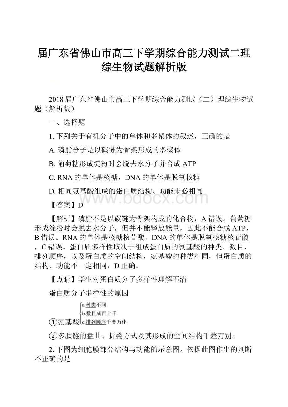 届广东省佛山市高三下学期综合能力测试二理综生物试题解析版.docx_第1页