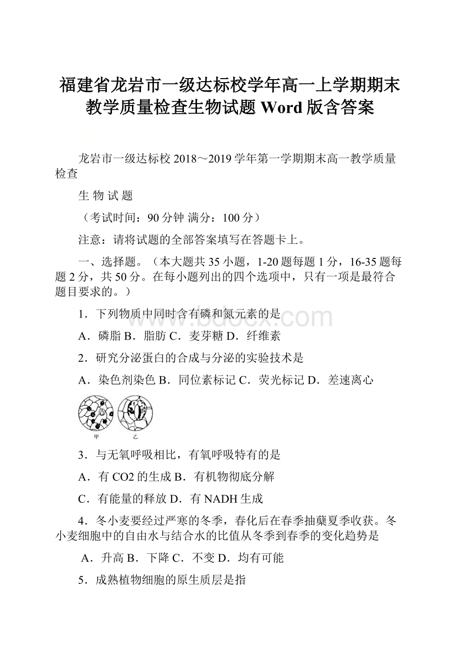 福建省龙岩市一级达标校学年高一上学期期末教学质量检查生物试题 Word版含答案.docx_第1页