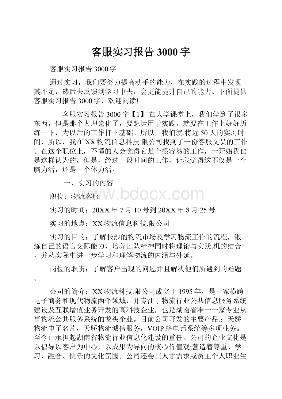 客服实习报告3000字.docx_第1页