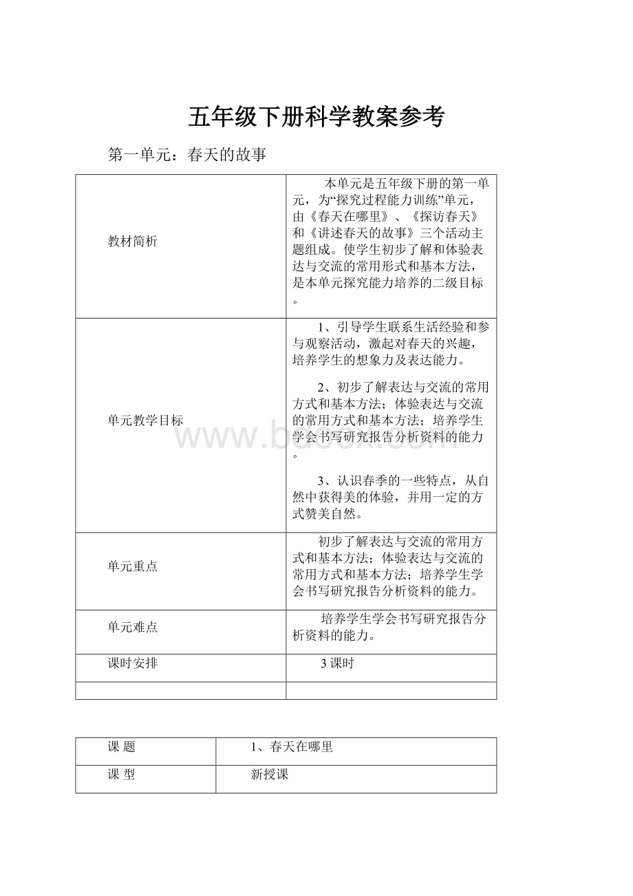 五年级下册科学教案参考.docx