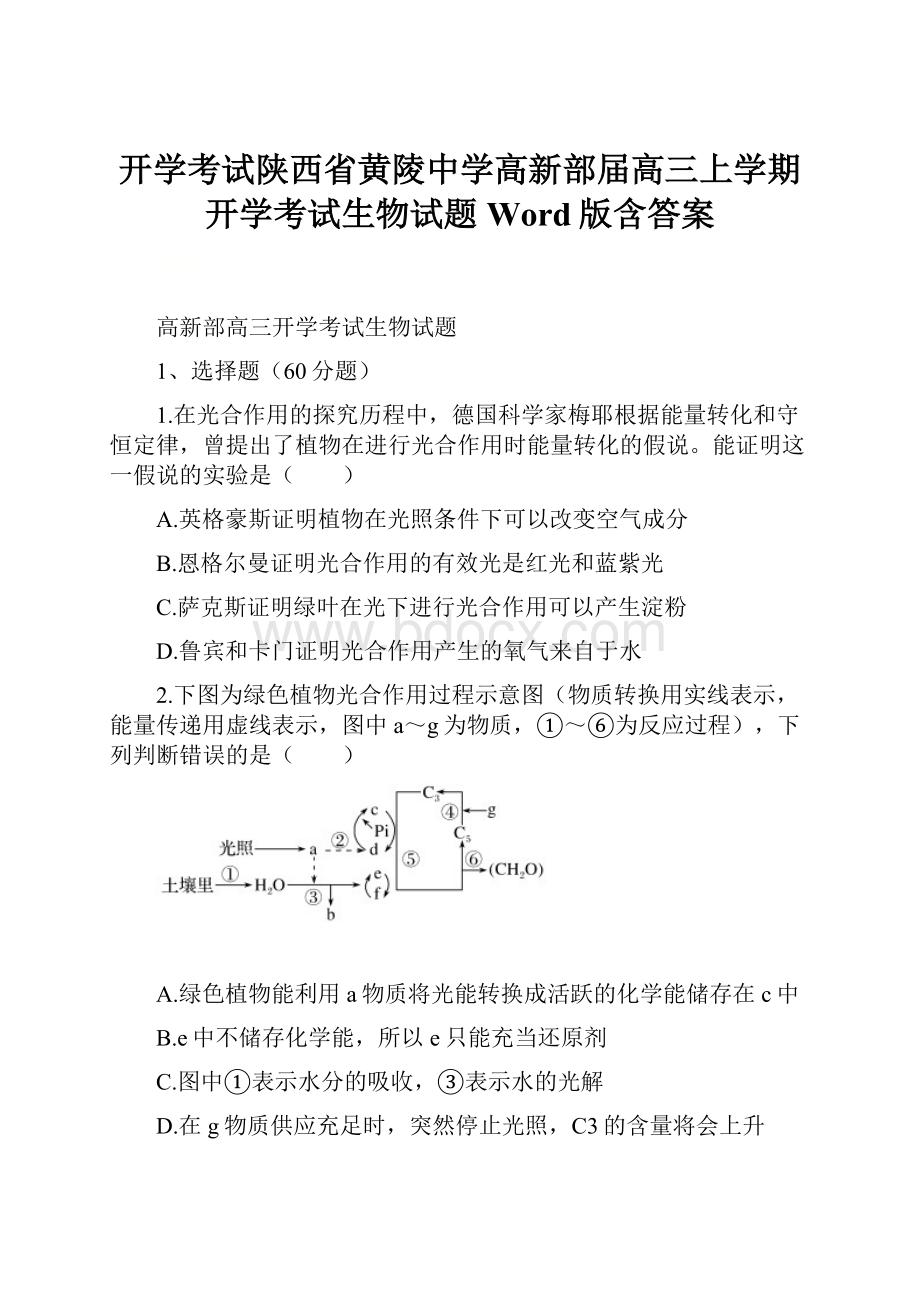 开学考试陕西省黄陵中学高新部届高三上学期开学考试生物试题Word版含答案.docx_第1页