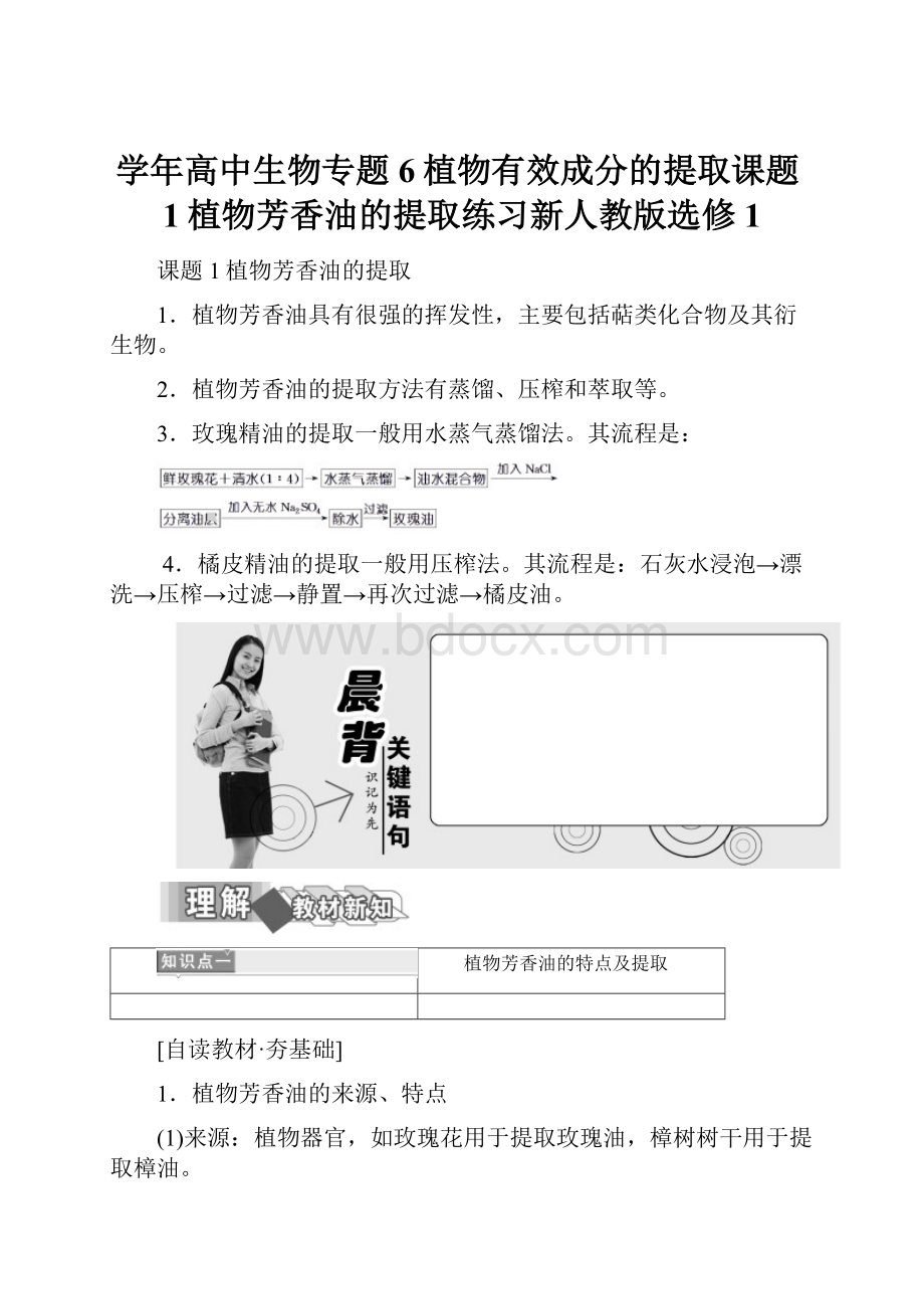 学年高中生物专题6植物有效成分的提取课题1植物芳香油的提取练习新人教版选修1.docx_第1页