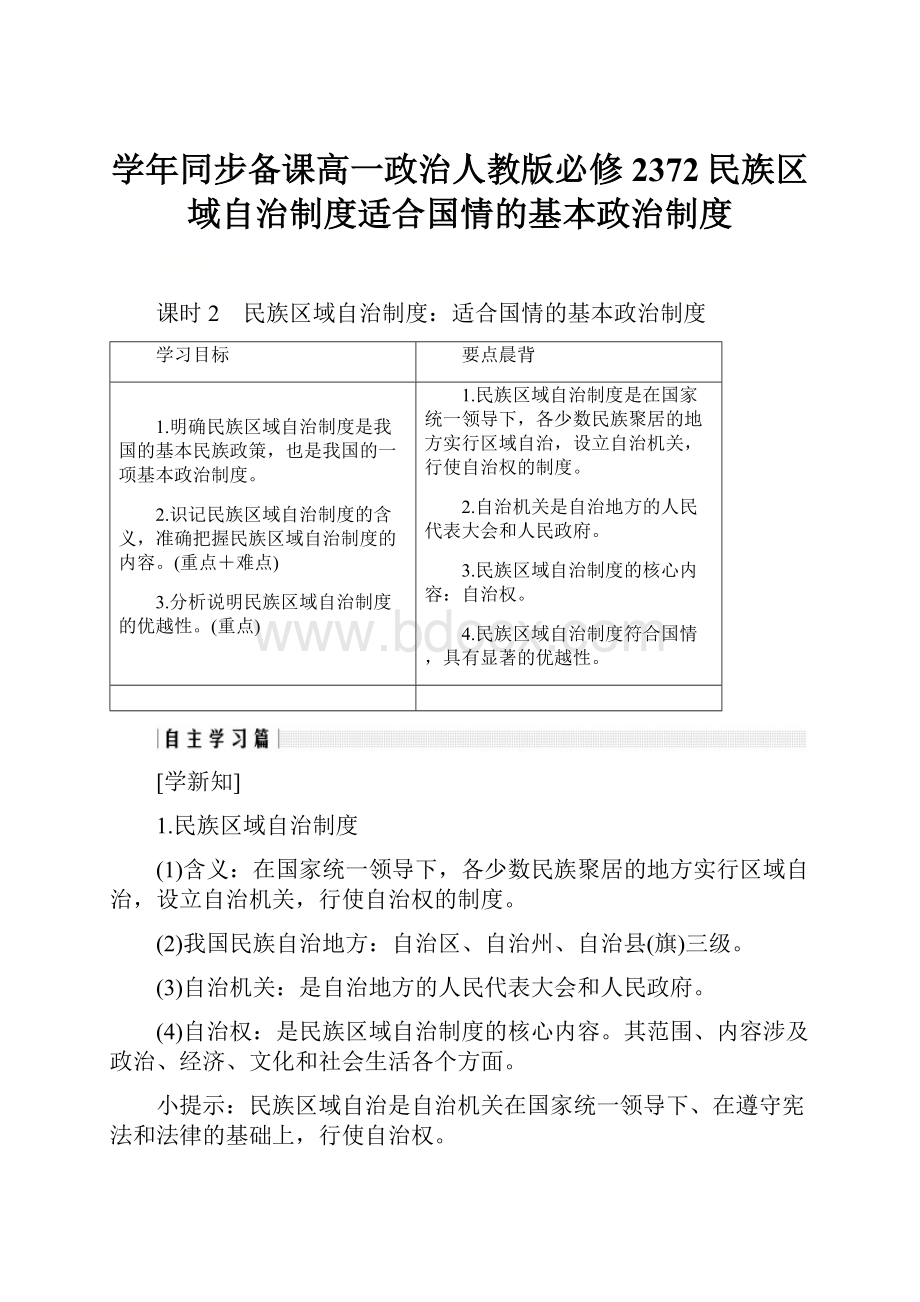 学年同步备课高一政治人教版必修2372民族区域自治制度适合国情的基本政治制度.docx_第1页