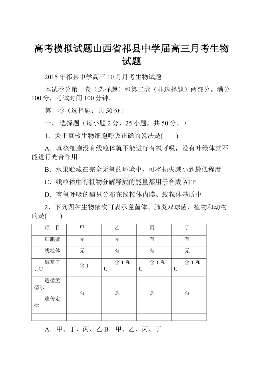 高考模拟试题山西省祁县中学届高三月考生物试题.docx_第1页