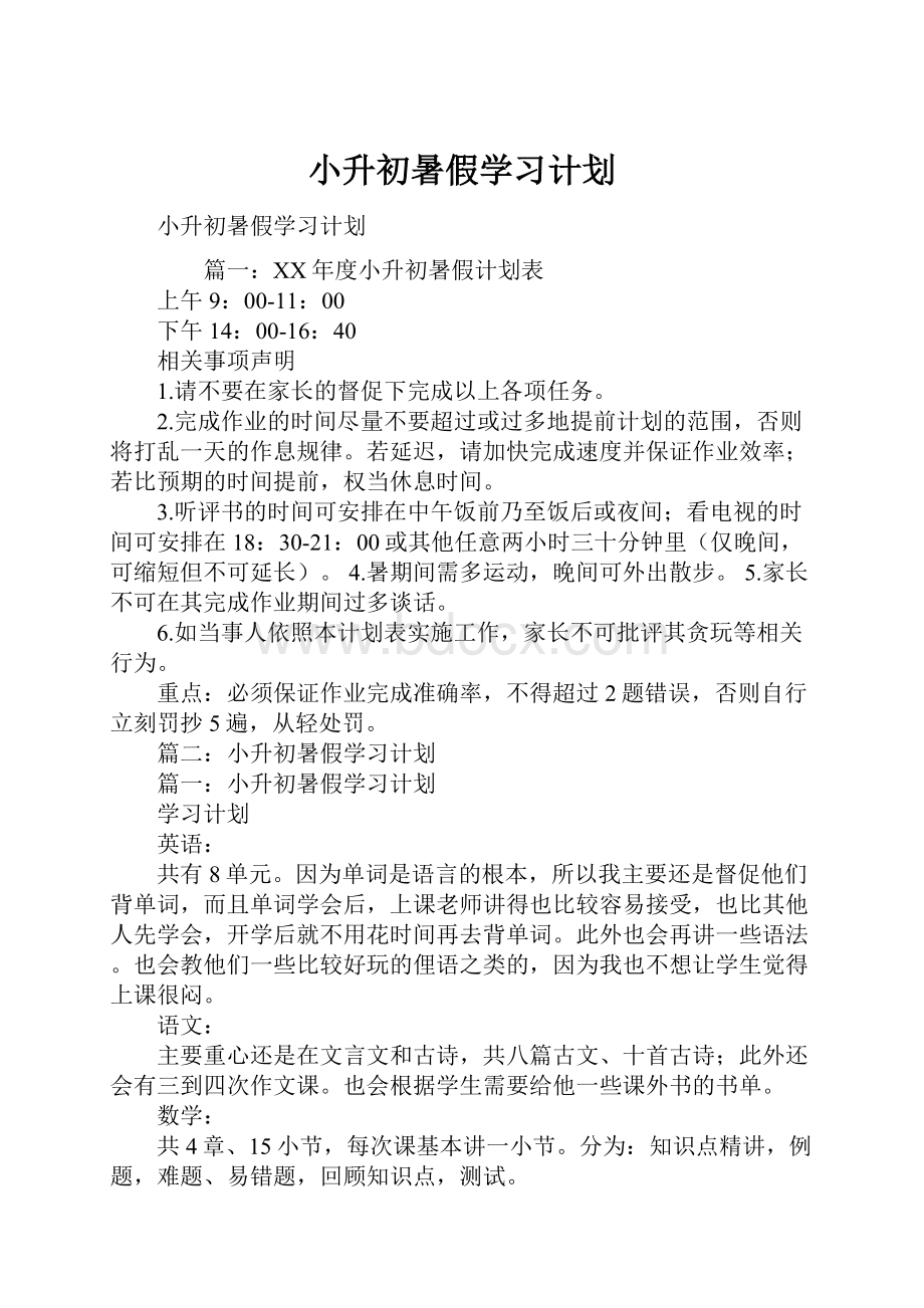 小升初暑假学习计划.docx