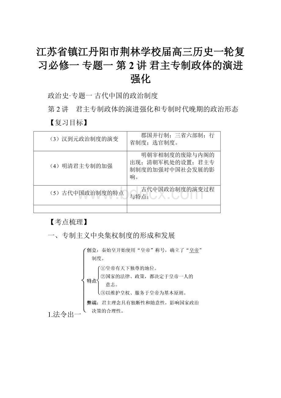 江苏省镇江丹阳市荆林学校届高三历史一轮复习必修一 专题一 第2讲 君主专制政体的演进强化.docx_第1页