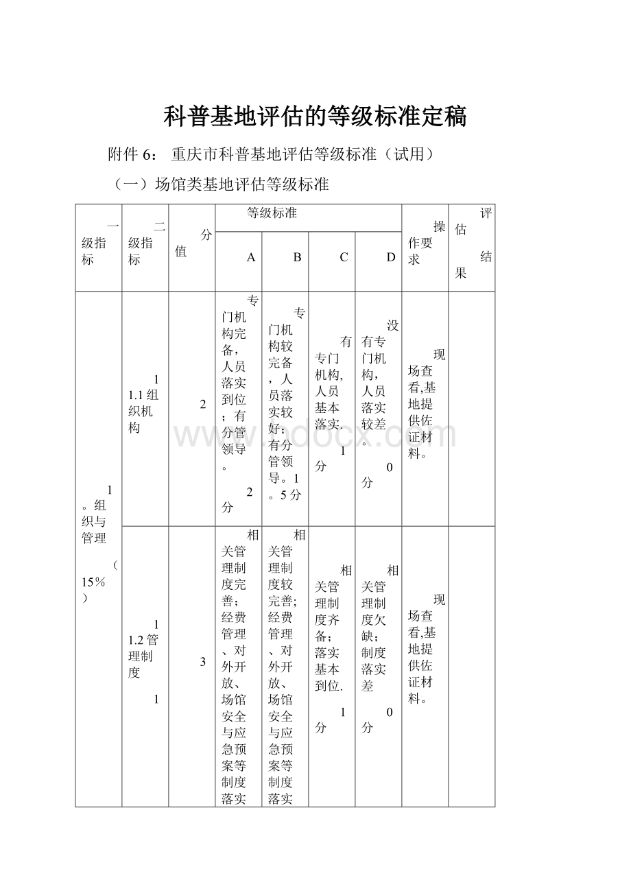 科普基地评估的等级标准定稿.docx_第1页