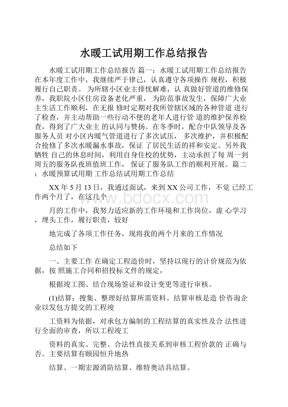 水暖工试用期工作总结报告.docx_第1页