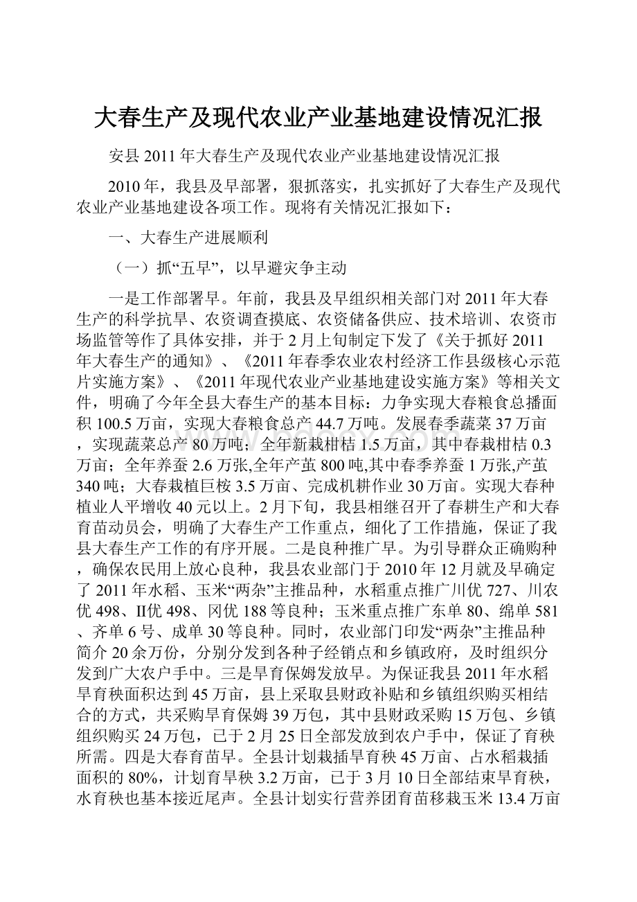 大春生产及现代农业产业基地建设情况汇报.docx_第1页