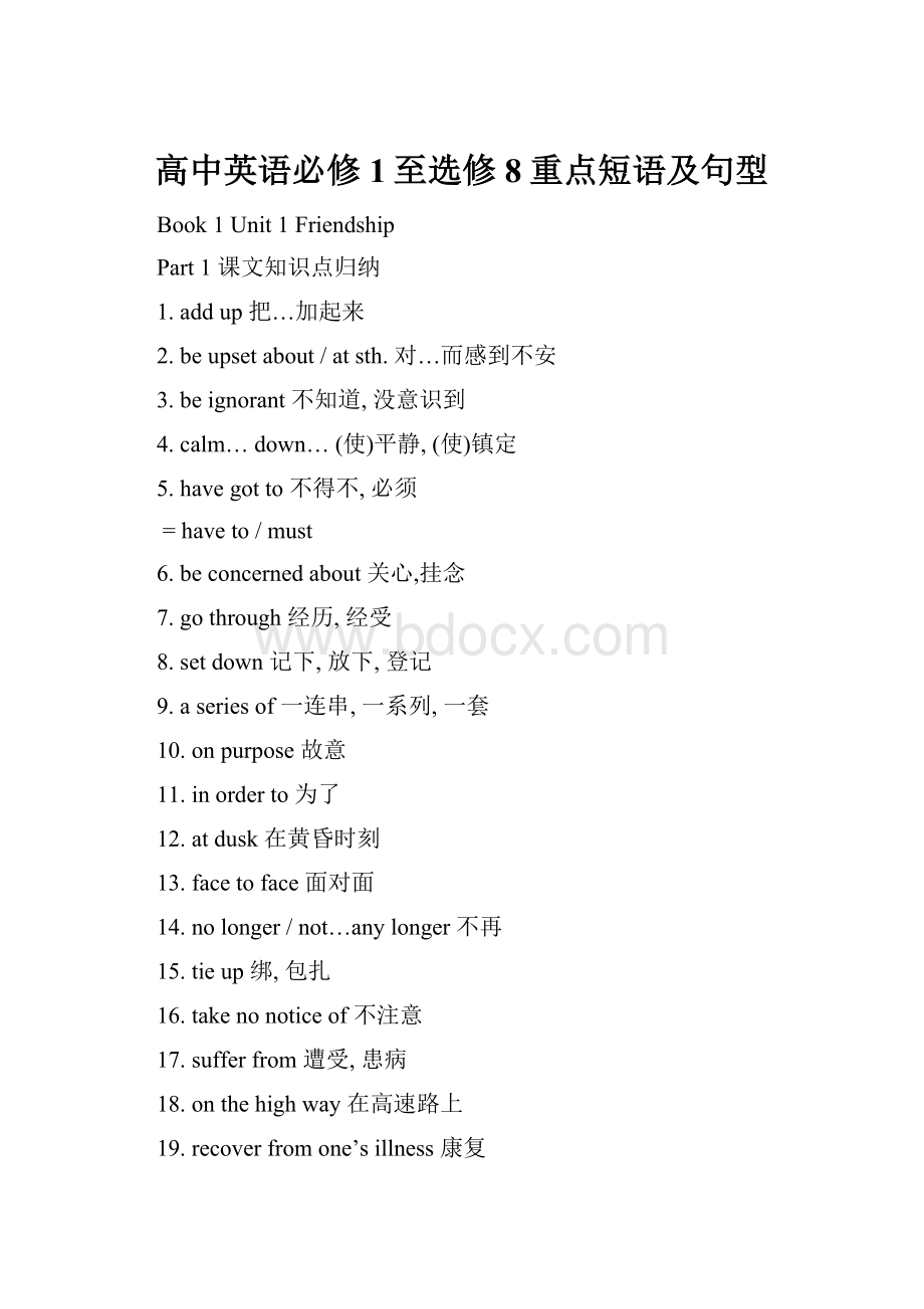 高中英语必修1至选修8重点短语及句型.docx_第1页