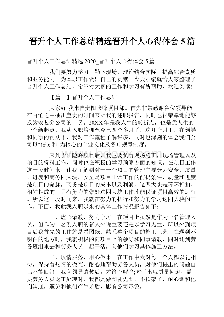 晋升个人工作总结精选晋升个人心得体会5篇.docx_第1页