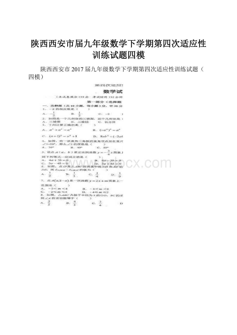 陕西西安市届九年级数学下学期第四次适应性训练试题四模.docx_第1页