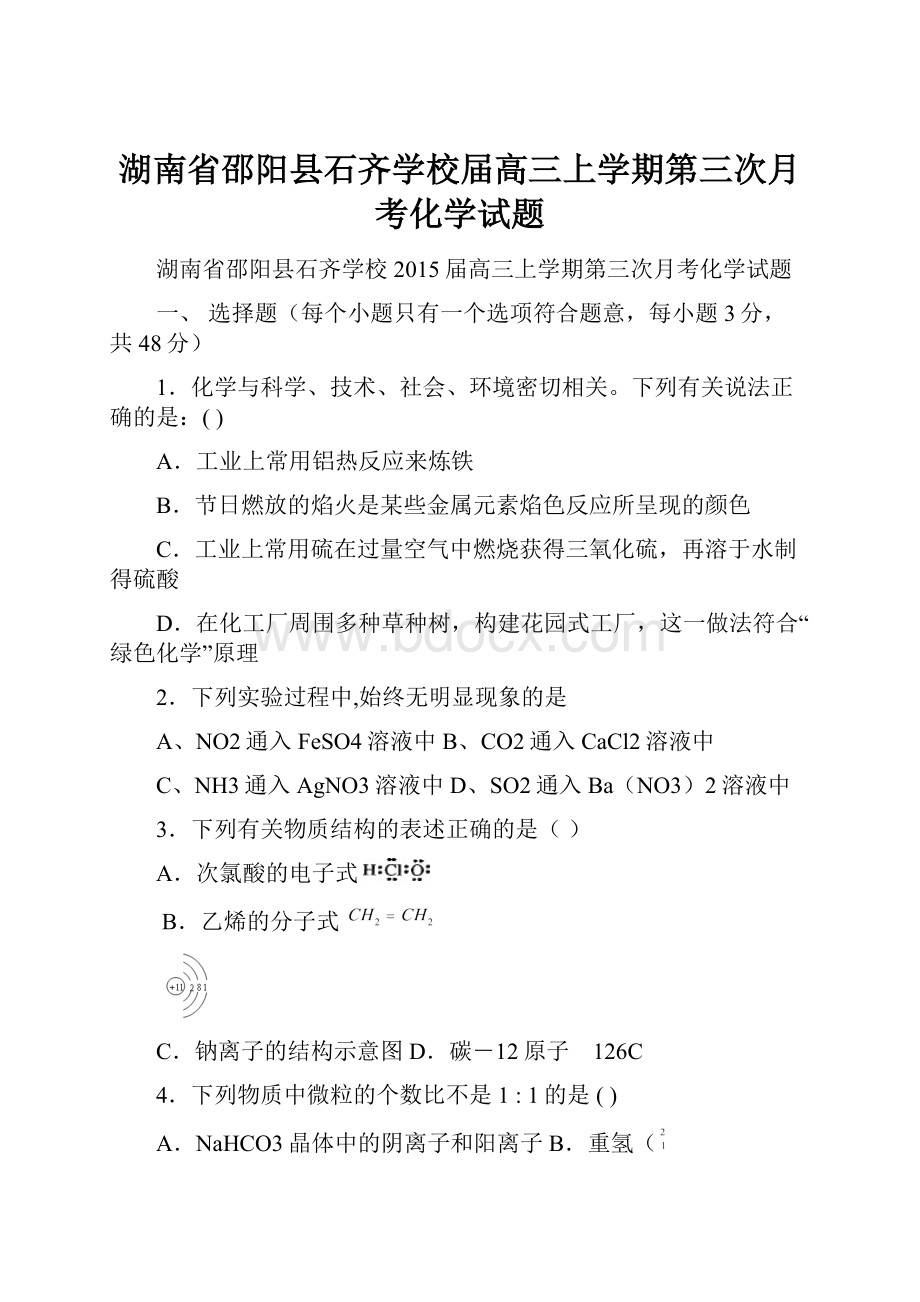 湖南省邵阳县石齐学校届高三上学期第三次月考化学试题.docx_第1页