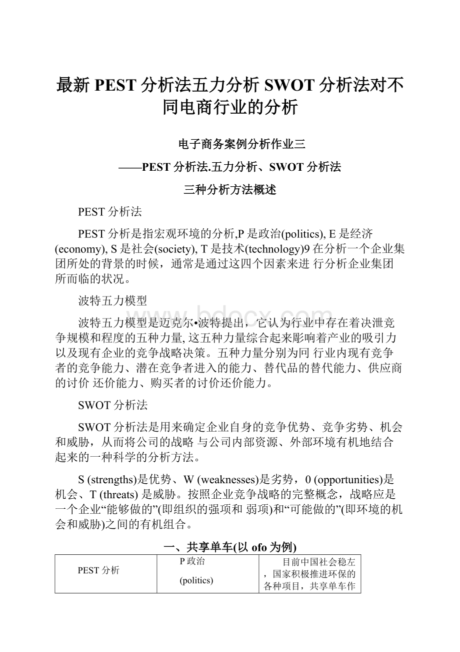 最新PEST分析法五力分析SWOT分析法对不同电商行业的分析.docx_第1页