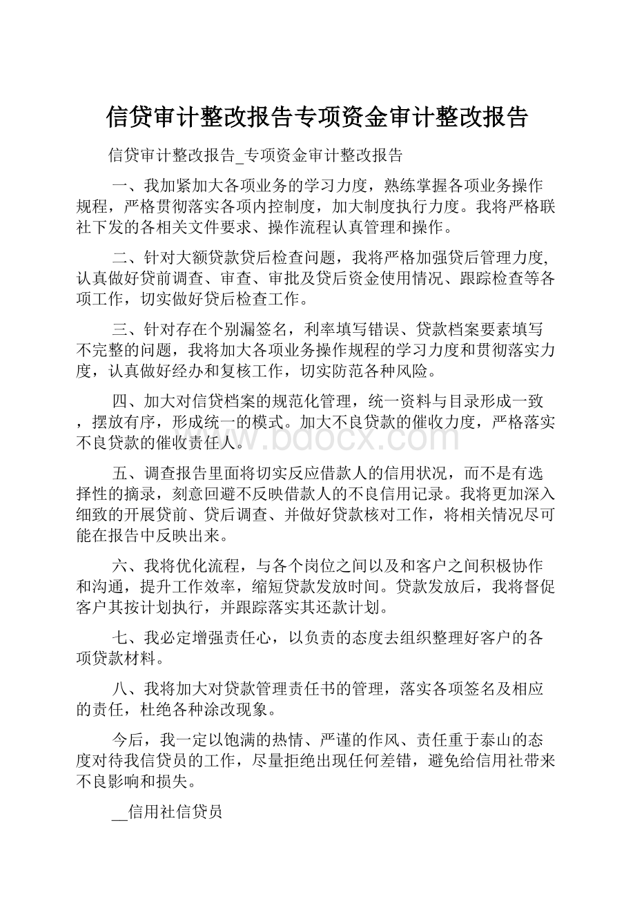 信贷审计整改报告专项资金审计整改报告.docx_第1页