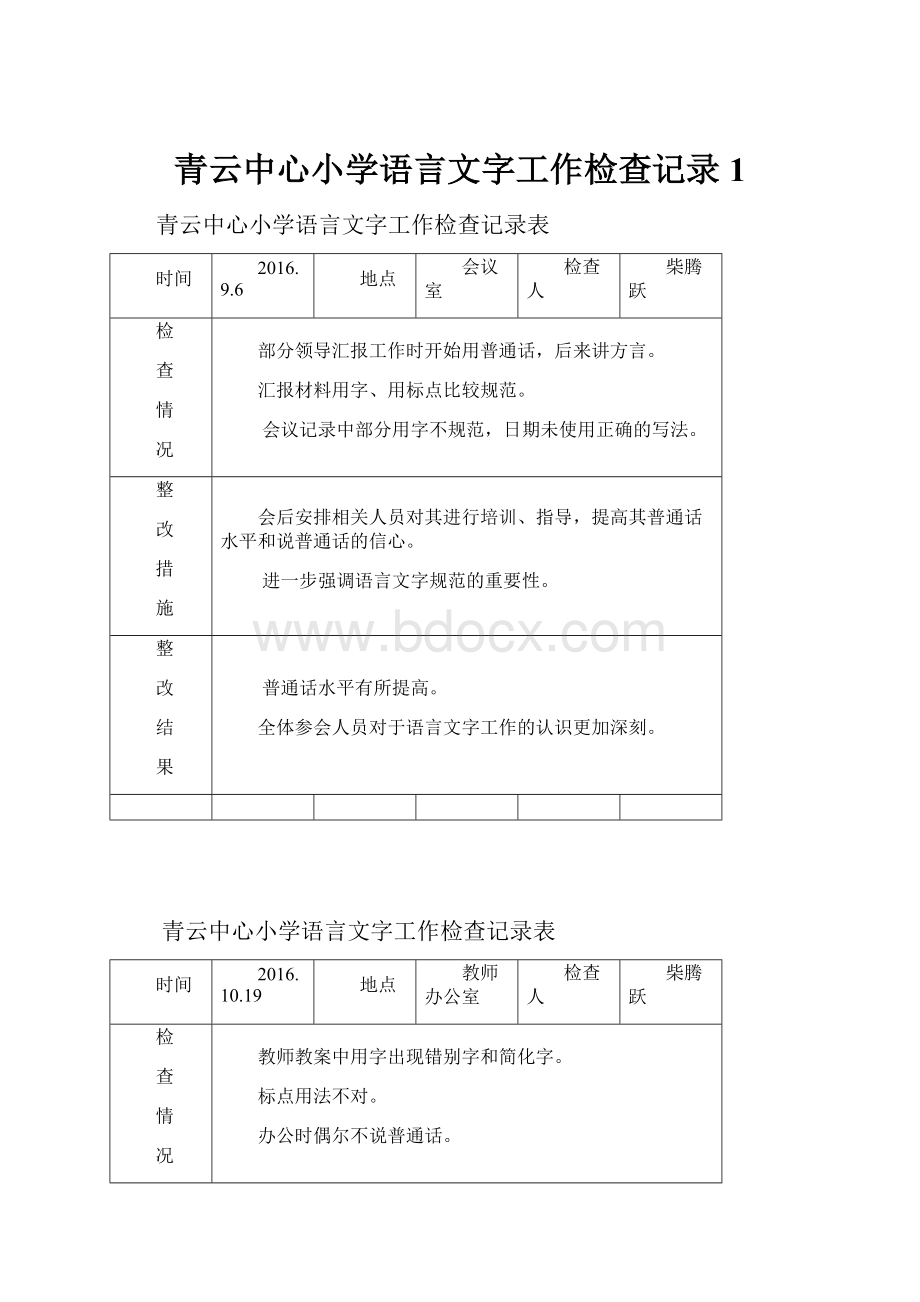 青云中心小学语言文字工作检查记录 1.docx_第1页