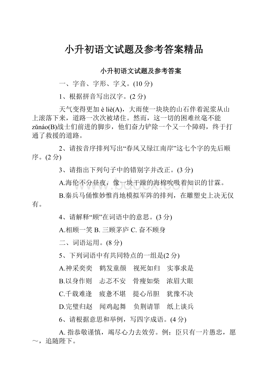 小升初语文试题及参考答案精品.docx_第1页