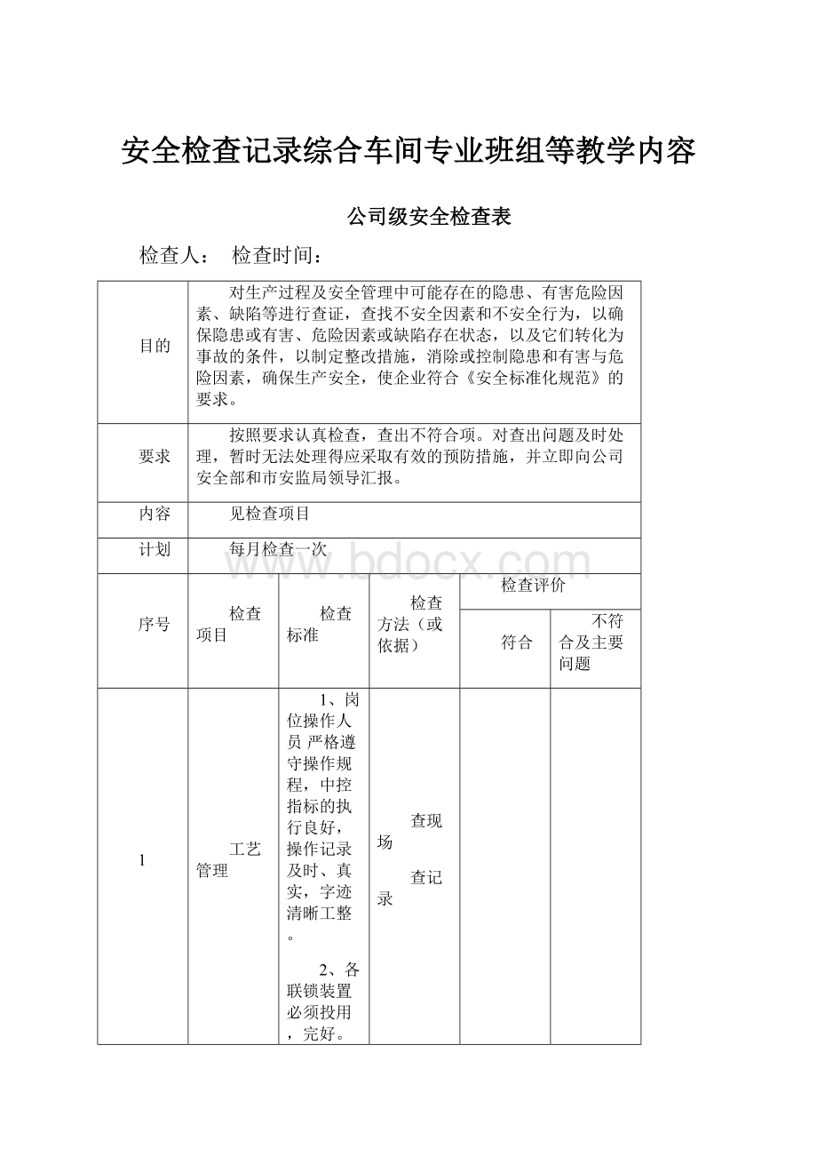 安全检查记录综合车间专业班组等教学内容.docx