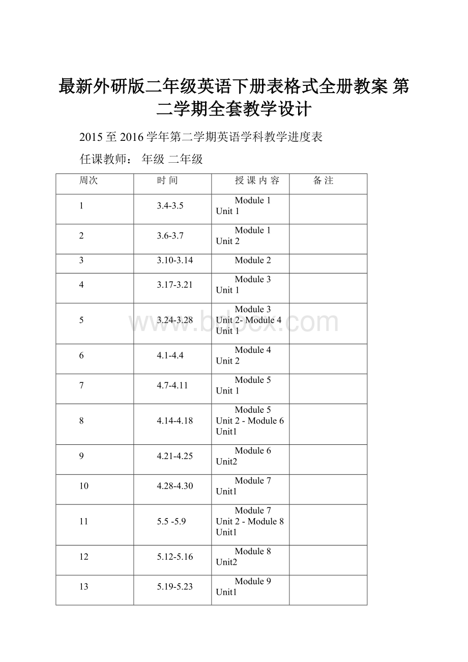 最新外研版二年级英语下册表格式全册教案 第二学期全套教学设计.docx_第1页