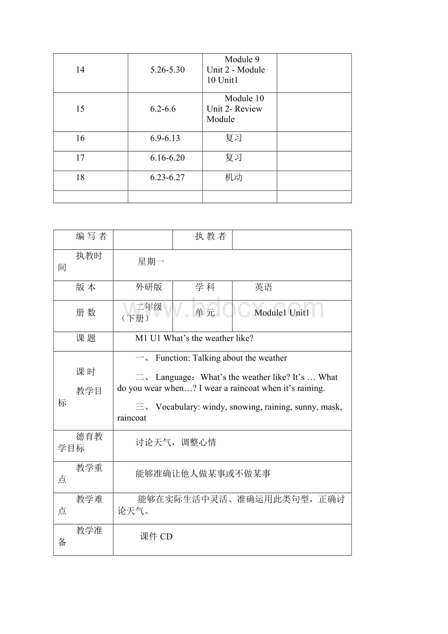 最新外研版二年级英语下册表格式全册教案 第二学期全套教学设计.docx_第2页