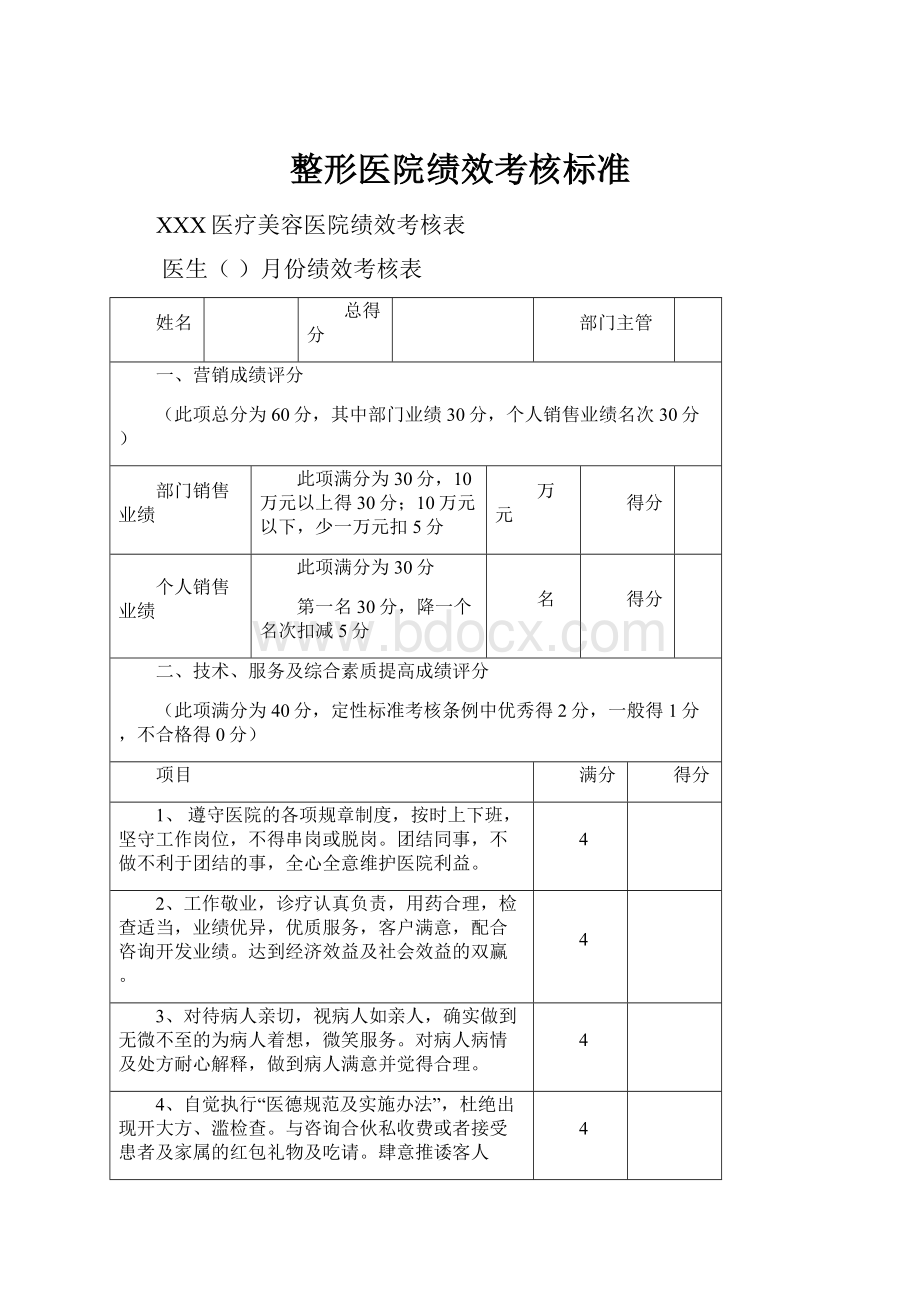 整形医院绩效考核标准.docx_第1页