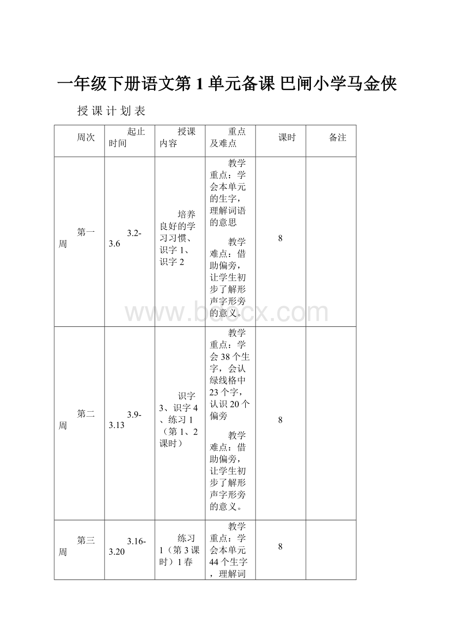 一年级下册语文第1单元备课巴闸小学马金侠.docx