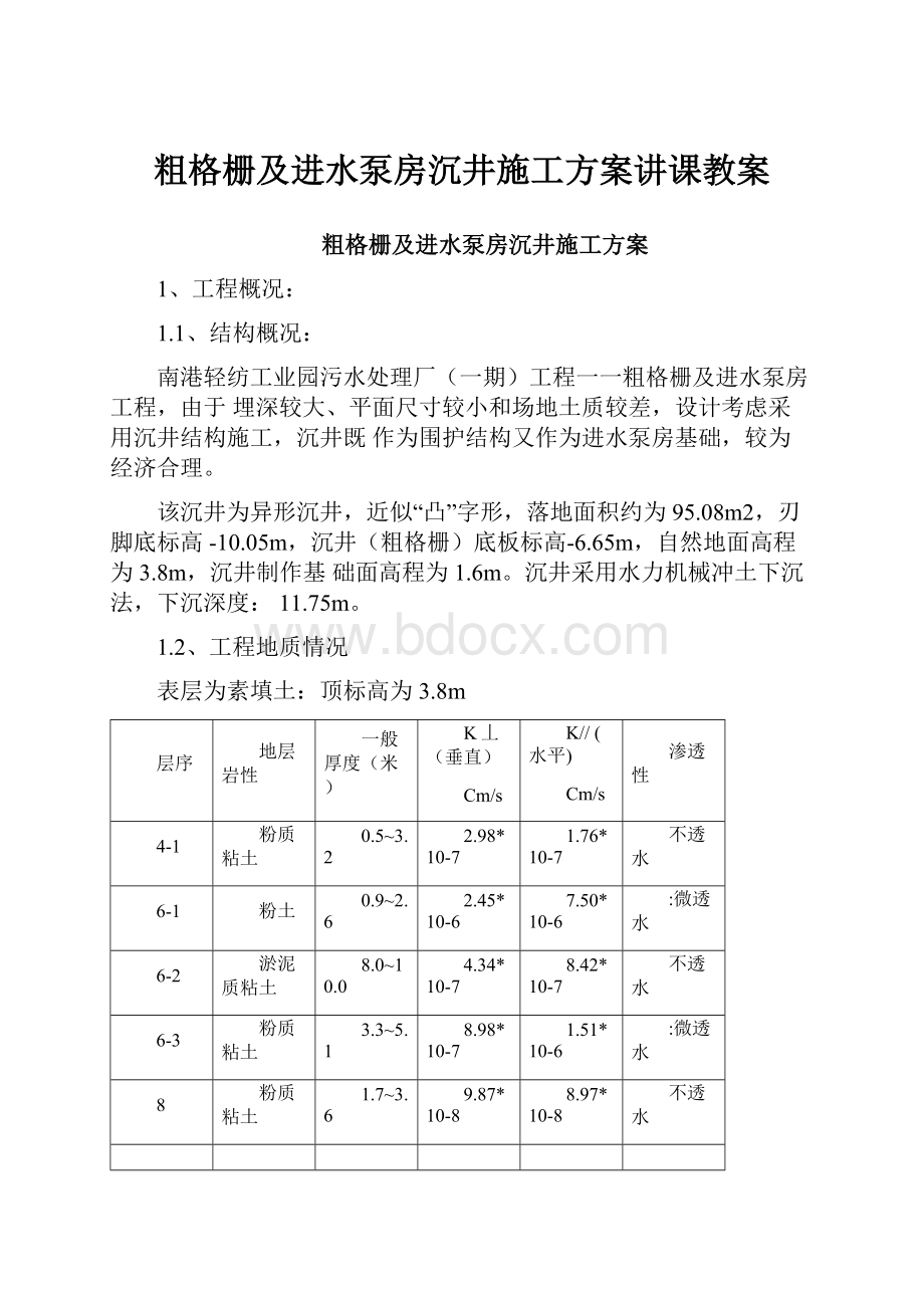 粗格栅及进水泵房沉井施工方案讲课教案.docx_第1页