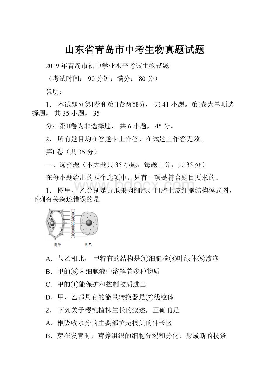 山东省青岛市中考生物真题试题.docx_第1页