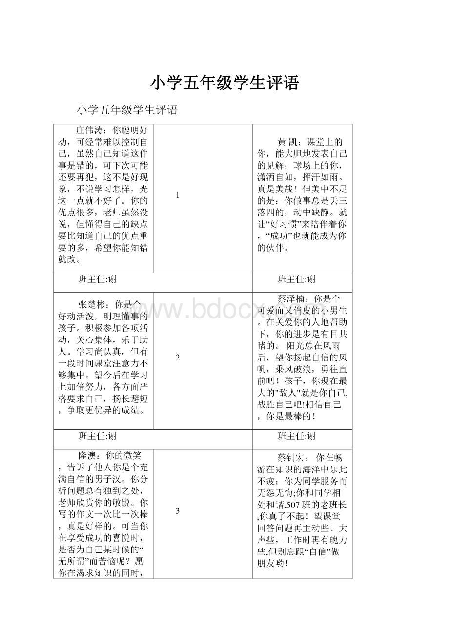 小学五年级学生评语.docx_第1页